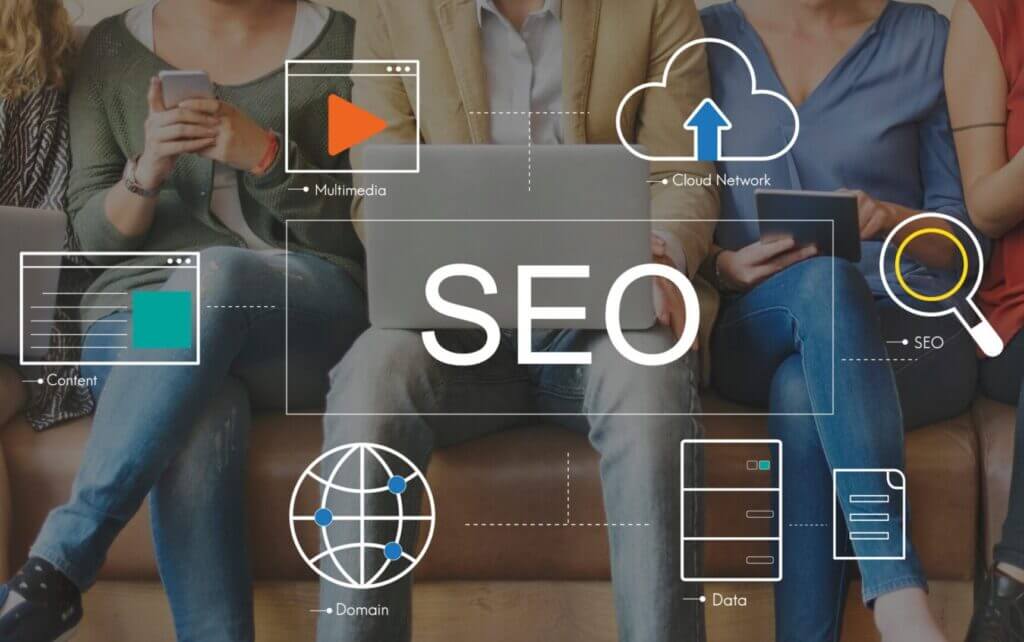 SEO and digital marketing concept with multimedia, cloud network, and data, only available at Let us connect your business to the web.