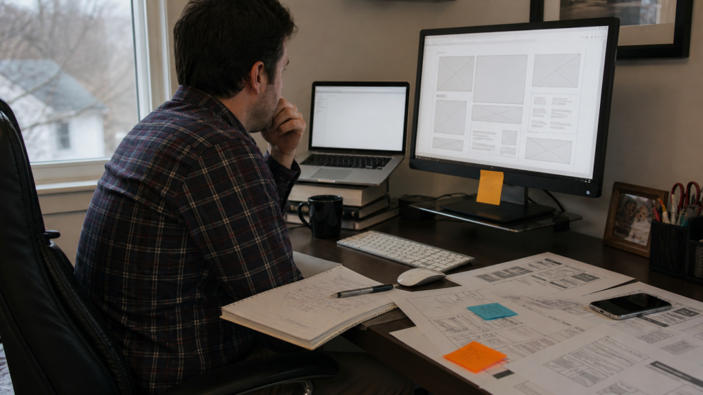 Laptop and notes for custom web application planning