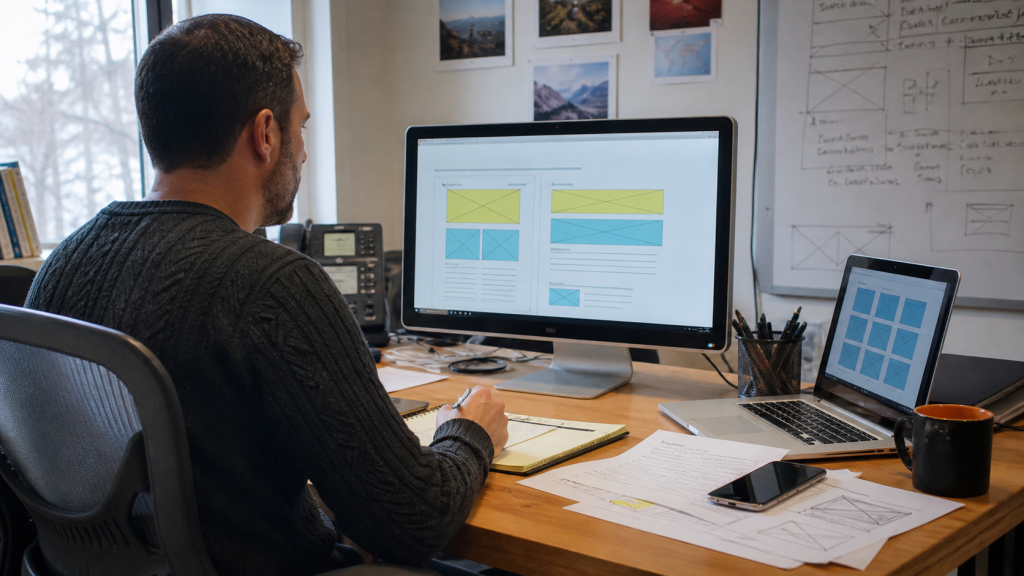 Laptop and notes for custom web application planning