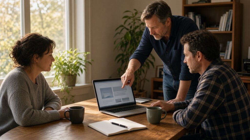 Small business team reviewing a website on a laptop in a sunlit office in early September